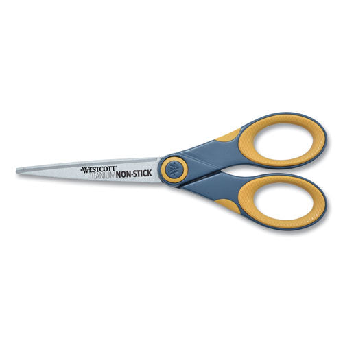 Image of Westcott® Non-Stick Titanium Bonded Scissors, 7" Long, 3" Cut Length, Straight Gray/Yellow Handle