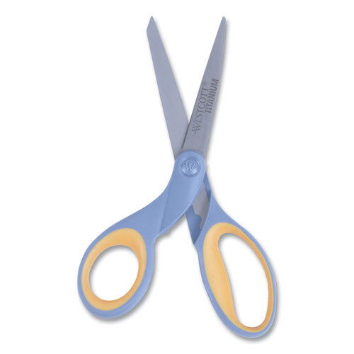 Image of Westcott® Titanium Bonded Scissors, Left Handed, 8" Long, 3.5" Cut Length, Straight Gray/Yellow Handle
