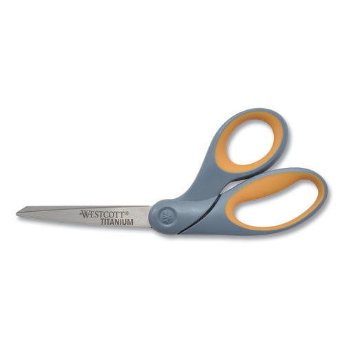 Image of Westcott® Titanium Bonded Scissors, 8" Long, 3.5" Cut Length, Crane-Style Gray/Yellow Handle