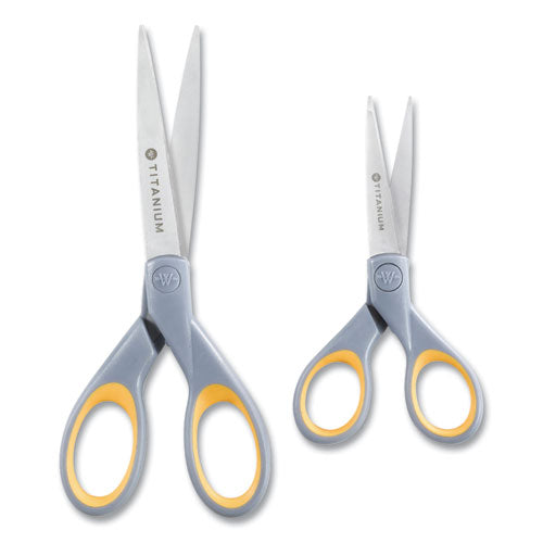 Image of Westcott® Titanium Bonded Scissors, 5" and 7" Long, 2.25" and 3.5" Cut Length, Straight Gray/Yellow Handle, 2/Pack