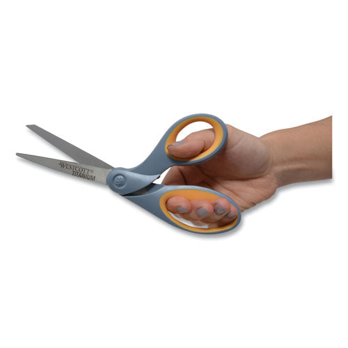 Image of Westcott® Titanium Bonded Scissors, 8" Long, 3.5" Cut Length, Crane-Style Gray/Yellow Handle