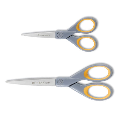 Image of Westcott® Titanium Bonded Scissors, 5" and 7" Long, 2.25" and 3.5" Cut Length, Straight Gray/Yellow Handle, 2/Pack