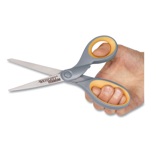 Image of Westcott® Titanium Bonded Scissors, 8" Long, 3.5" Cut Length, Straight Gray/Yellow Handle