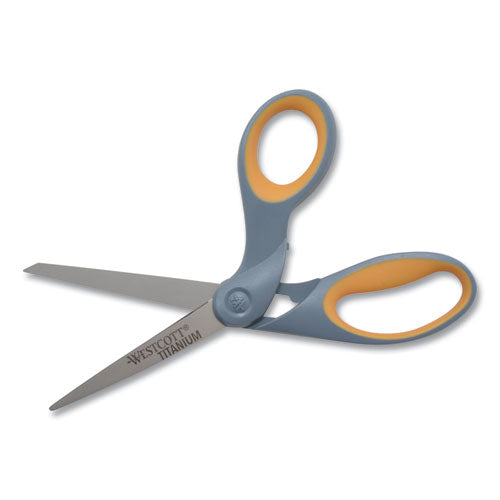 Image of Westcott® Titanium Bonded Scissors, 8" Long, 3.5" Cut Length, Crane-Style Gray/Yellow Handle