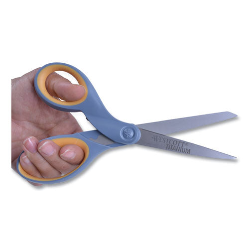 Image of Westcott® Titanium Bonded Scissors, Left Handed, 8" Long, 3.5" Cut Length, Straight Gray/Yellow Handle