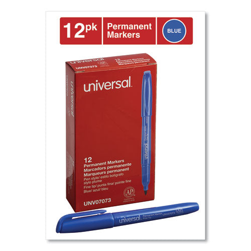 Image of Universal Pen-Style Permanent Marker, Fine Bullet Tip, Blue, Dozen