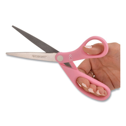 Image of Westcott® All Purpose Pink Ribbon Scissors, Breast Cancer Awareness, 8" Long, 3.5" Cut Length, Straight Pink Handle