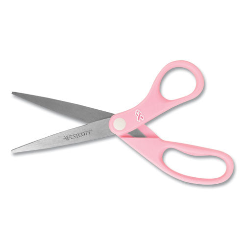 Image of Westcott® All Purpose Pink Ribbon Scissors, Breast Cancer Awareness, 8" Long, 3.5" Cut Length, Straight Pink Handle