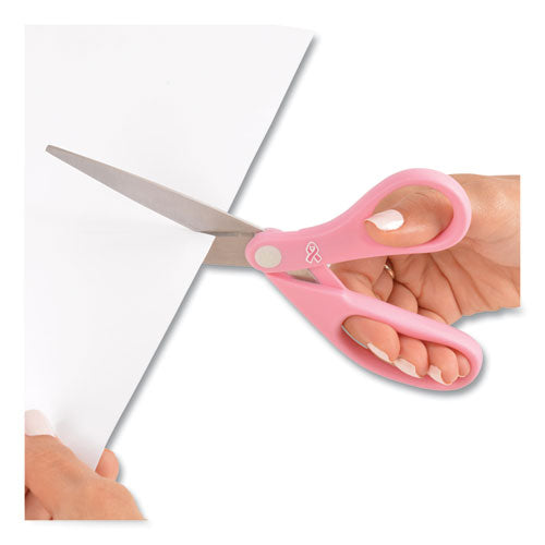 Image of Westcott® All Purpose Pink Ribbon Scissors, Breast Cancer Awareness, 8" Long, 3.5" Cut Length, Straight Pink Handle