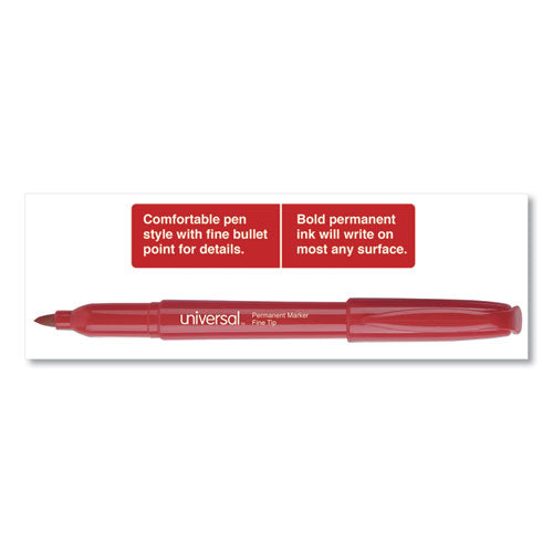 Image of Universal Pen-Style Permanent Marker, Fine Bullet Tip, Red, Dozen