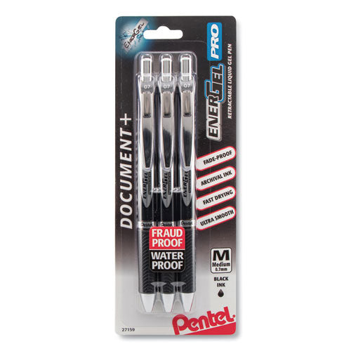 Image of Pentel® EnerGel PRO Hybrid Gel Pen, Retractable, Medium 0.7 mm, Black Ink, Black Barrel, 3/Pack