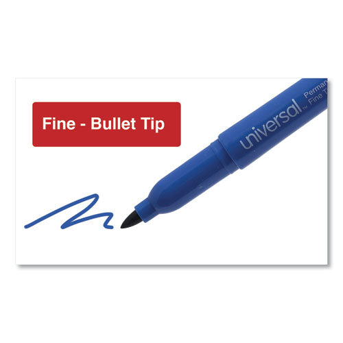 Image of Universal Pen-Style Permanent Marker, Fine Bullet Tip, Blue, Dozen