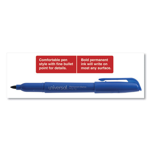 Image of Universal Pen-Style Permanent Marker, Fine Bullet Tip, Blue, Dozen