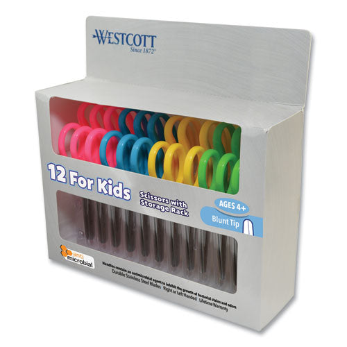 Image of Westcott® Kids' Scissors with Antimicrobial Protection, Rounded Tip, 5" Long, 2" Cut Length, Straight Assorted Color Handles, 12/Pack
