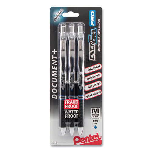 Image of Pentel® EnerGel PRO Hybrid Gel Pen, Retractable, Medium 0.7 mm, Blue Ink, Black Barrel, 3/Pack