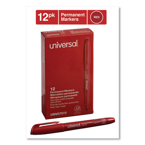 Image of Universal Pen-Style Permanent Marker, Fine Bullet Tip, Red, Dozen