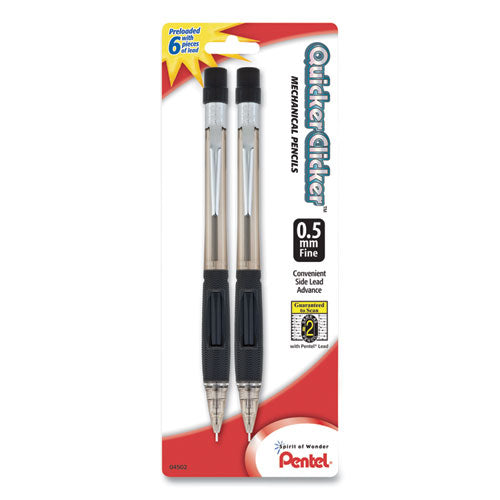 Image of Pentel® Quicker Clicker Mechanical Pencil, 0.5 mm, HB (#2), Black Lead, Smoke/Black Barrel, 2/Pack
