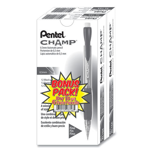 Image of Pentel® Champ Mechanical Pencil Value Pack, 0.5 mm, HB (#2), Black Lead, Clear/Black Barrel, 24/Pack