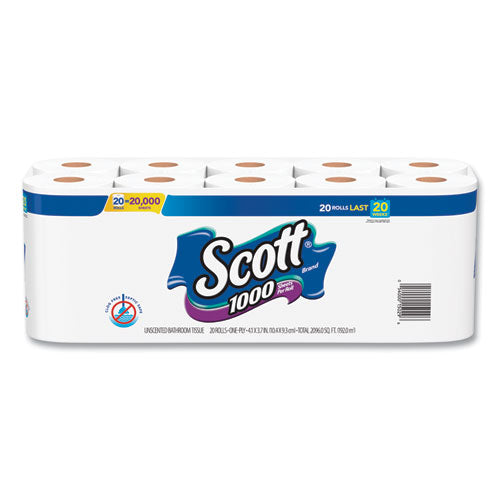 Image of Scott® Standard Roll Bathroom Tissue, Septic Safe, 1-Ply, White, 1,000 Sheets/Roll, 20/Pack, 2 Packs/Carton