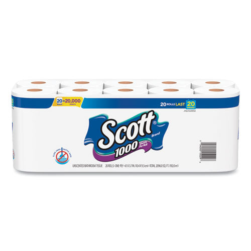 Image of Scott® 1000 Bathroom Tissue, Septic Safe, 1-Ply, White, 1,000 Sheet/Roll, 20/Pack