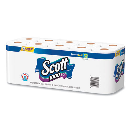 Image of Scott® 1000 Bathroom Tissue, Septic Safe, 1-Ply, White, 1,000 Sheet/Roll, 20/Pack