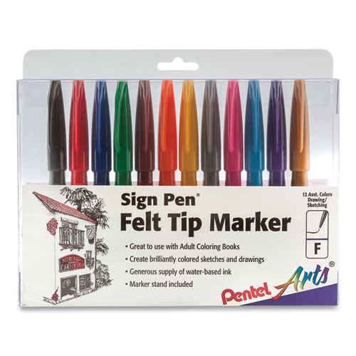 Image of Pentel Arts® Sign Pen Fine Point Color Marker, Extra-Fine Bullet Tip, Assorted Colors, 12/set