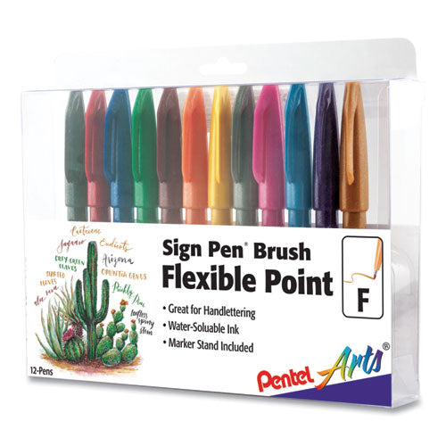 Image of Pentel Arts® Sign Pen Brush Flexible Point Marker Pen, Fine Brush Tip, Assorted Colors, Dozen