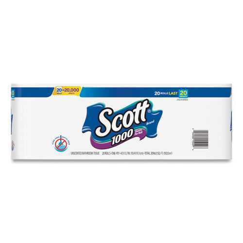 Image of Scott® 1000 Bathroom Tissue, Septic Safe, 1-Ply, White, 1,000 Sheet/Roll, 20/Pack