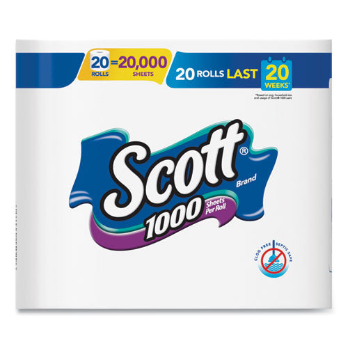 Image of Scott® 1000 Bathroom Tissue, Septic Safe, 1-Ply, White, 1,000 Sheet/Roll, 20/Pack