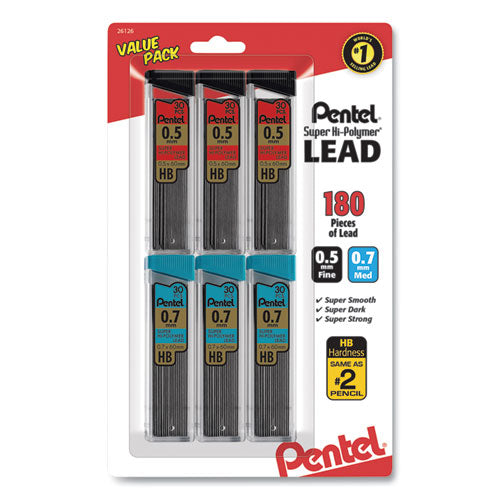 Image of Pentel® Super Hi-Polymer Lead Refill Value Pack, 0.5 Mm; 0.7 Mm, Hb, Black, 30/tube, 6 Tubes/pack