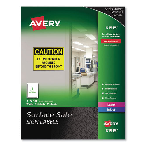Image of Avery® Surface Safe Removable Label Safety Signs, Inkjet/laser Printers, 7 X 10, White, 15/pack