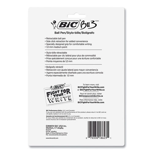 Image of BIC® BU3 Ballpoint Pen, Retractable, Medium 1 mm, Black Ink, Smoke/Black Barrel, 18/Pack
