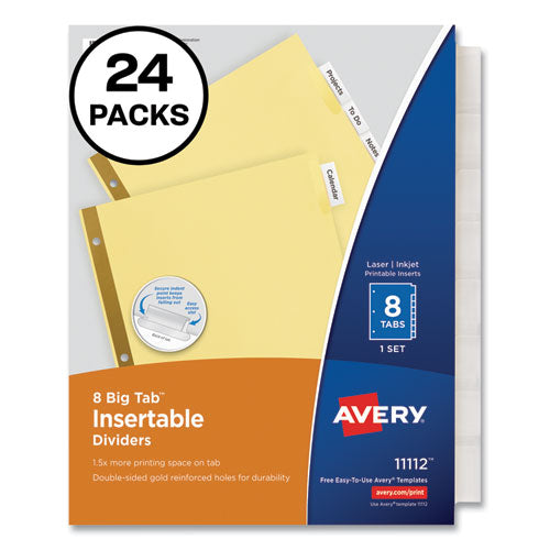 Image of Avery® Insertable Big Tab Dividers, 8-Tab, Double-Sided Gold Edge Reinforcing, 11 x 8.5, Buff, Clear Tabs, 24 Sets