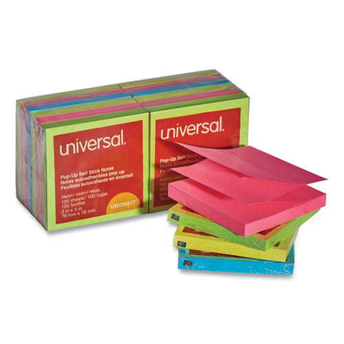 Image of Universal® Fan-Folded Self-Stick Pop-Up Note Pads, 3" x 3", Assorted Neon Colors, 100 Sheets/Pad, 12 Pads/Pack