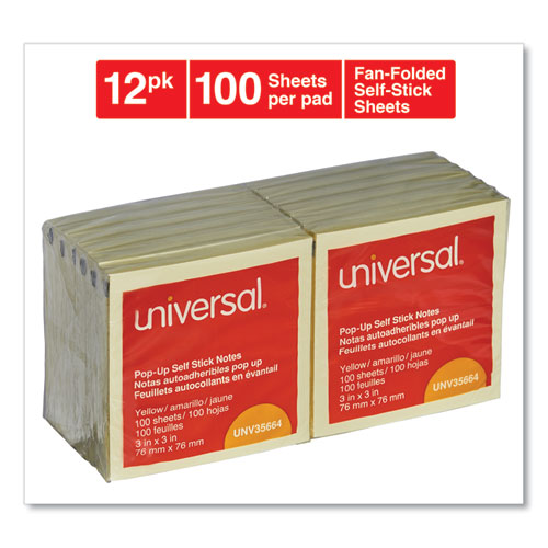 Image of Universal® Fan-Folded Self-Stick Pop-Up Note Pads, 3" x 3", Yellow, 100 Sheets/Pad, 12 Pads/Pack