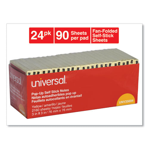 Image of Universal® Fan-Folded Self-Stick Pop-Up Note Pads Cabinet Pack, 3" x 3", Yellow, 90 Sheets/Pad, 24 Pads/Pack