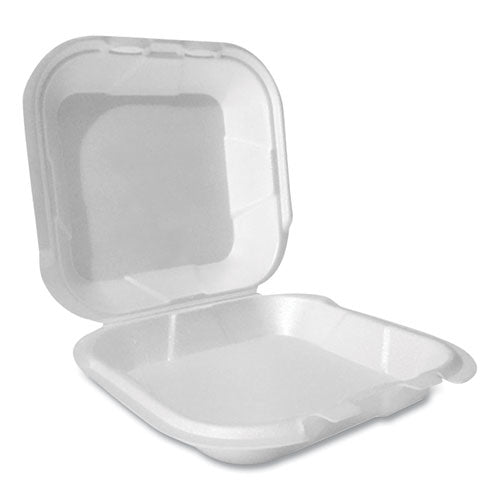 Image of Plastifar Foam Hinged Lid Container, Secure Two Tab Latch, Poly Bag, 8 X 8.56 X 2.76, White, 100/sleeve, 2 Sleeves/bag, 1 Bag/pack