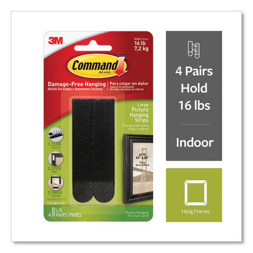 Image of Command Picture Hanging Strips, Removable, Holds Up To 4 Lbs Per Pair, 0.75 X 3.65, Black, 4 Pairs/pack