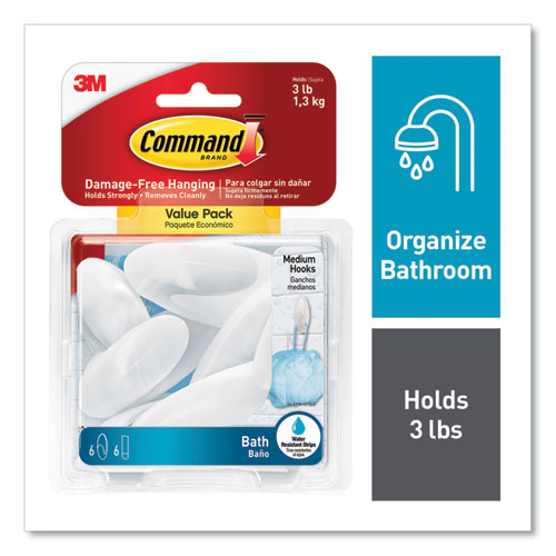 Image of Command Medium Bath Hooks Value Pack, Plastic, White, 3 Lb Capacity, 6 Hooks And 6 Strips
