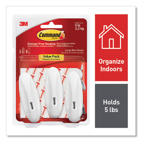 Image of Command General Purpose Wire Hooks, Large, Metal, White, 5 lb Capacity, 3 Hooks and 8 Strips/Pack