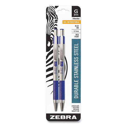 Image of Zebra® G-301 Gel Pen, Retractable, Medium 0.7 Mm, Blue Ink, Stainless Steel/blue Barrel, 2/pack