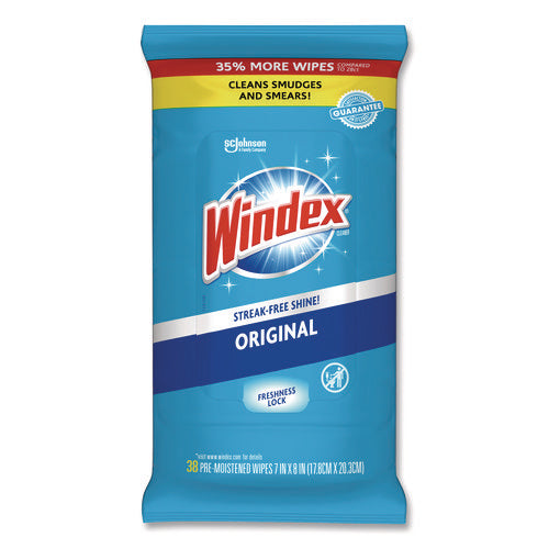 Image of Windex® Glass and Surface Wet Wipe, Cloth, 7 x 8, Unscented, White, 38/Pack