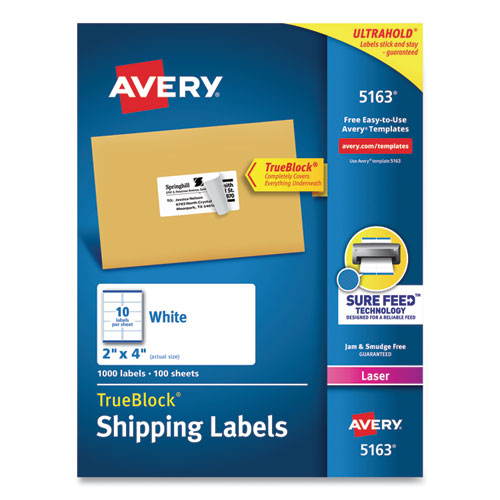 Image of Avery® Shipping Labels W/ Trueblock Technology, Laser Printers, 2 X 4, White, 10/sheet, 100 Sheets/box