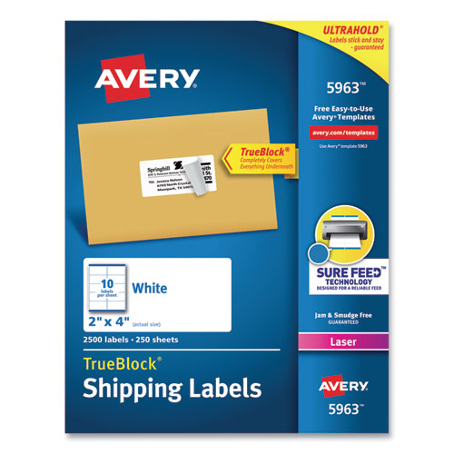 Image of Avery® Shipping Labels W/ Trueblock Technology, Laser Printers, 2 X 4, White, 10/sheet, 250 Sheets/box