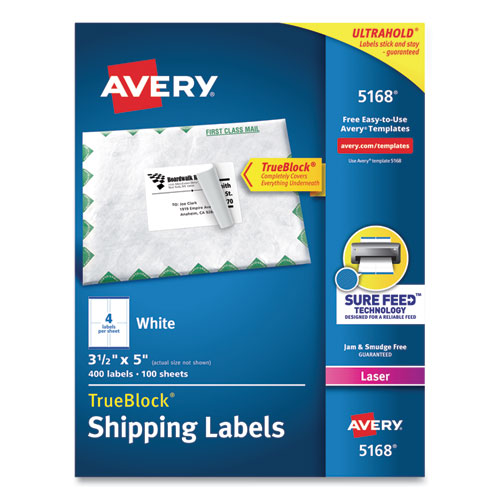 Image of Avery® Shipping Labels W/ Trueblock Technology, Laser Printers, 3.5 X 5, White, 4/sheet, 100 Sheets/box