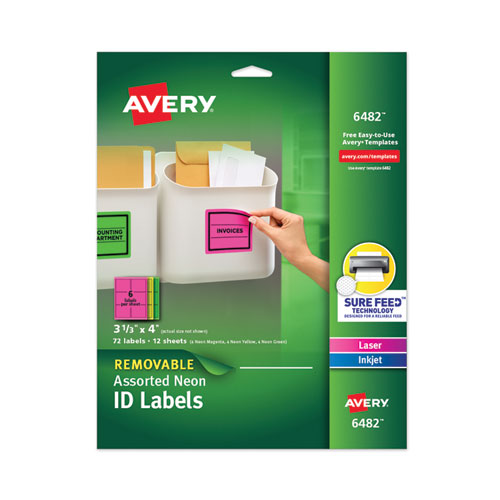 Image of Avery® High-Vis Removable Laser/Inkjet ID Labels w/ Sure Feed, 3.33 x 4, Neon, 72/PK