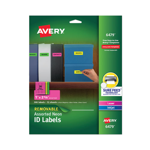 Image of Avery® High-Vis Removable Laser/Inkjet ID Labels w/ Sure Feed, 1 x 2.63, Neon, 360/PK