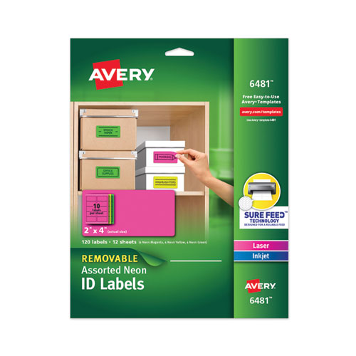 Image of Avery® High-Vis Removable Laser/inkjet Id Labels, 2 X 4, Asst. Neon, 120/pack