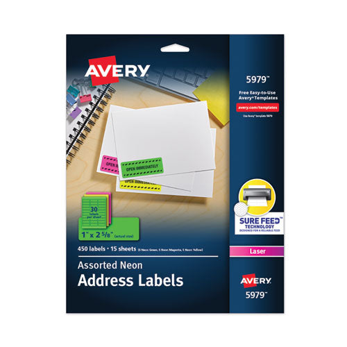 Image of Avery® High-Visibility Permanent Laser ID Labels, 1 x 2.63, Asst. Neon, 450/Pack