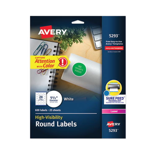Image of Avery® Permanent Laser Print-to-the-Edge ID Labels w/SureFeed, 1.66" dia, White, 600/PK